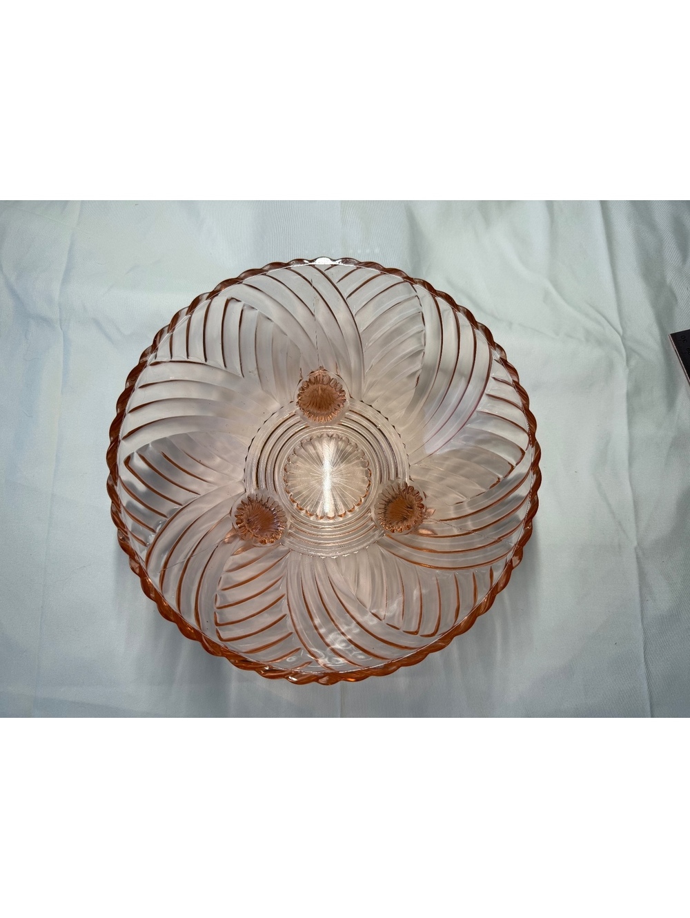 Vintage Pink Depression Glass Spiral Swirl 3 Footed Console Bowl Serving